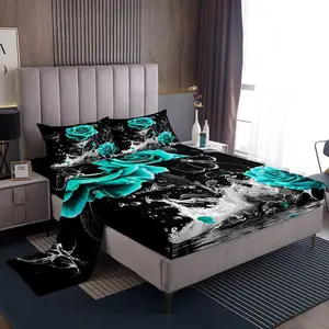 Teal Rose Sheet Set,Romantic Floral Blossom Bed Sheets for Adult,Black Teal Bed Set,Reflection on Water Sheets