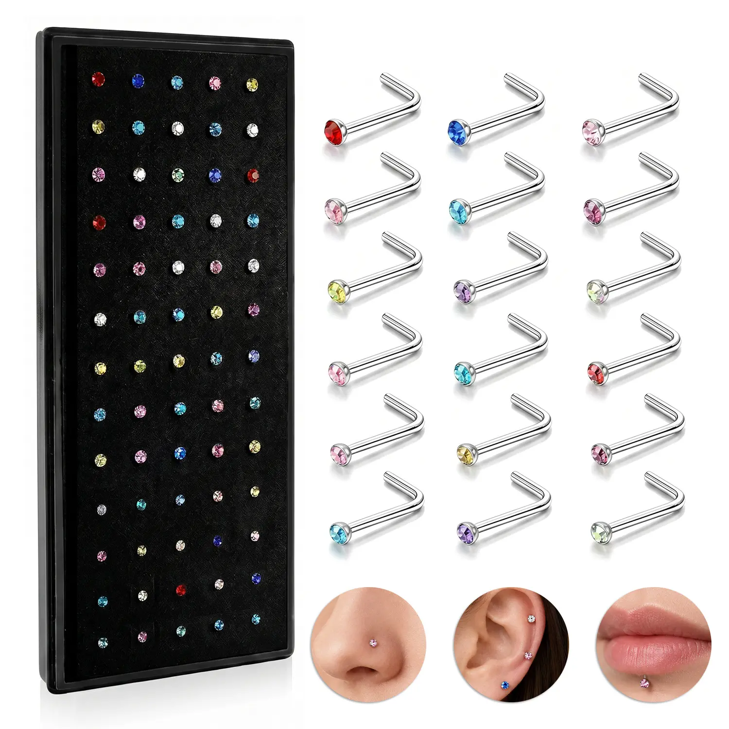 60PCS Hypoallergenic Nose Rings Studs Set, 316L Stainless Steel and CZ Body Jewelry, L-Shaped Screw Piercings Body Jewelry, Sizes 20G–22G, Multiple Gauges Rhinestone and Ideal Gift