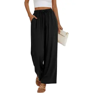 Women Cotton Summer Palazzo Pants Flowy Wide Leg Beach Trousers with Pockets Fashion Clothing