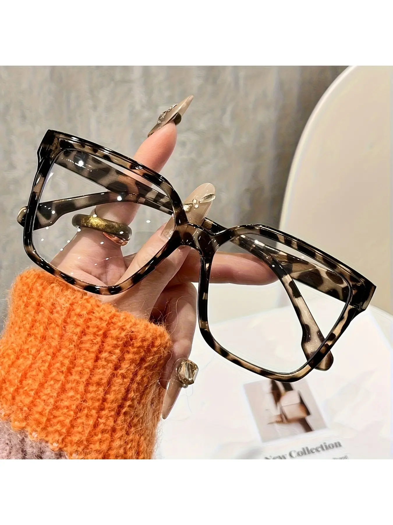 Women's Bohemian Style Large Square Transparent Glasses, Fashion Leopard Full Frame Design, Suitable for Photography and Daily Wear, Fashionable Frames Glasses, Transparent Lens Glasses, Decorative Glasses, Square Frame Eyewear, Polycarbonate Glasses