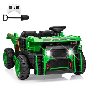 GARVEE 24V Electric 2-Seater Ride On Dump Truck with R/C, 2WD/4WD Powerful Motors, 4.4 Mph Speed, Electric Dump Bed & Shovel, EVA Tires, Music Player, Soft Start, and Spacious 19" Seat - Green