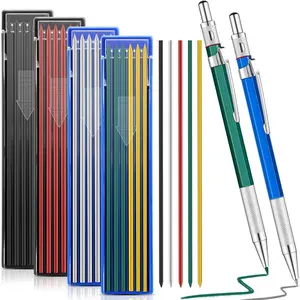 2 Pcs Welders Pencil with 48 PCS Round Refills Mechanical Pencils Metal Welding Marker for Tube Pipe Fitter Welder Steel Construction Woodworking (Silver, Black, Red, Yellow, Green)