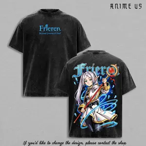 Frieren Beyond Journey’s End Frieren Elf Mage Anime Vintage Washed Oversized Graphic Tee Fantasy Magic Staff Shirt Anime Streetwear