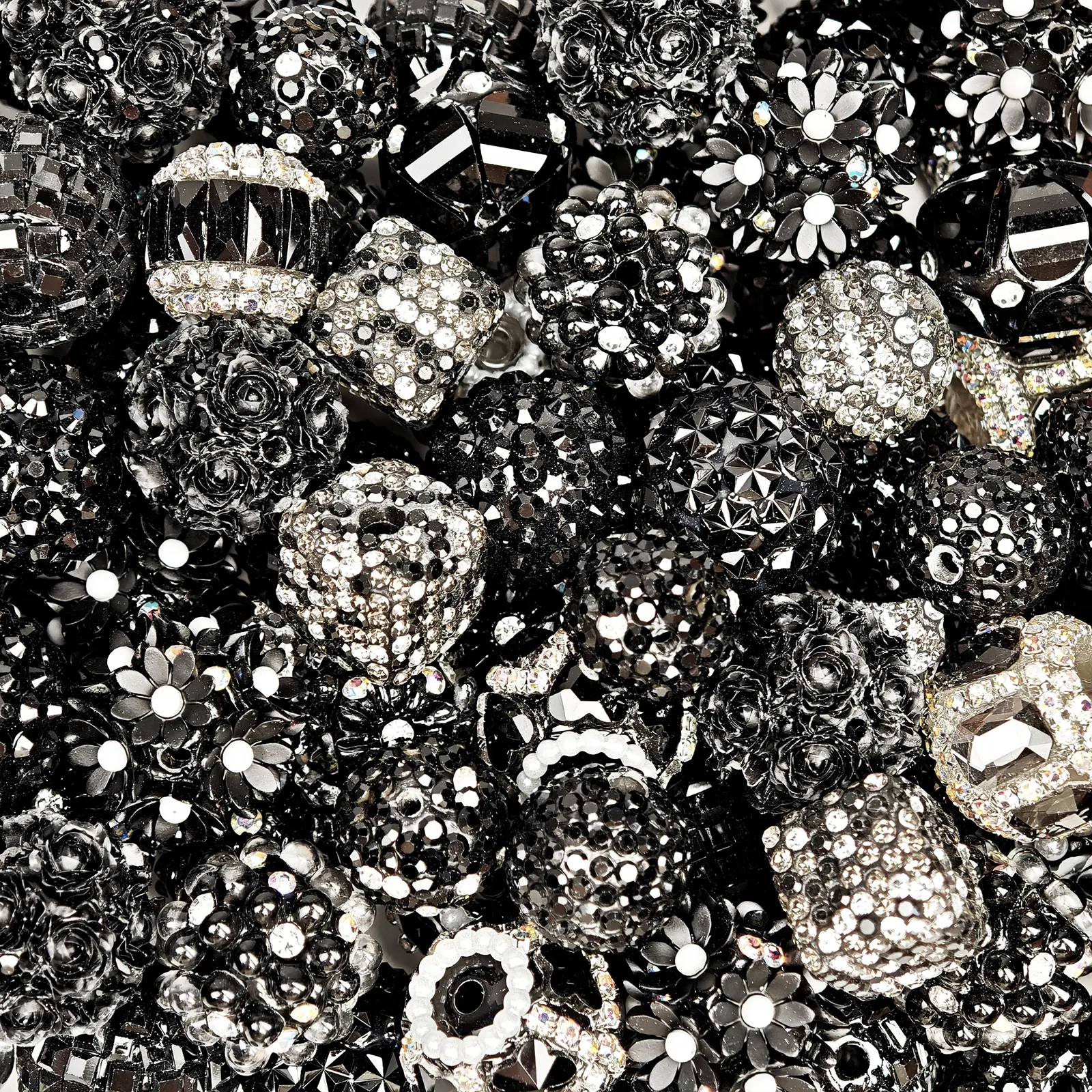 Gothic Luxury Rhinestone Chunky Resin Beads, Black White Rose Floral Large-Hole Beads, 5Pcs Random Shipment for DIY Bracelet Keychain Jewelry Making Supplies