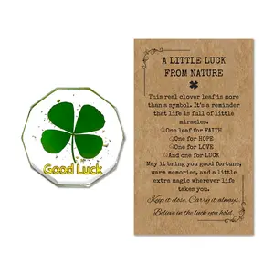 Diamond Shape, Real Four Leaf Clover Good Luck Pocket Token, Handmade Preserved Flower Resin Charm with Gold & Silver Foil, 4cm Round Natural Clover Amulet for Wallet, Purse, Bag, Gift Box Included