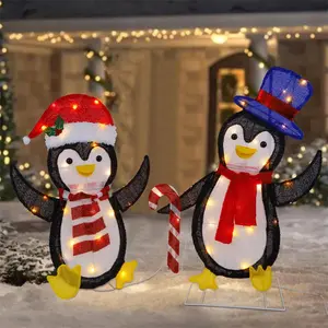 2 Cute Glowing Christmas Penguins, Warm Light, Battery Box Powered (Batteries Not Included), Red and Blue Hat Designs, Holding a Candy Canes Stick, Foldable for Easy Storage, Suitable Indoors/Outdoors on Porch or Balcony by the Tree