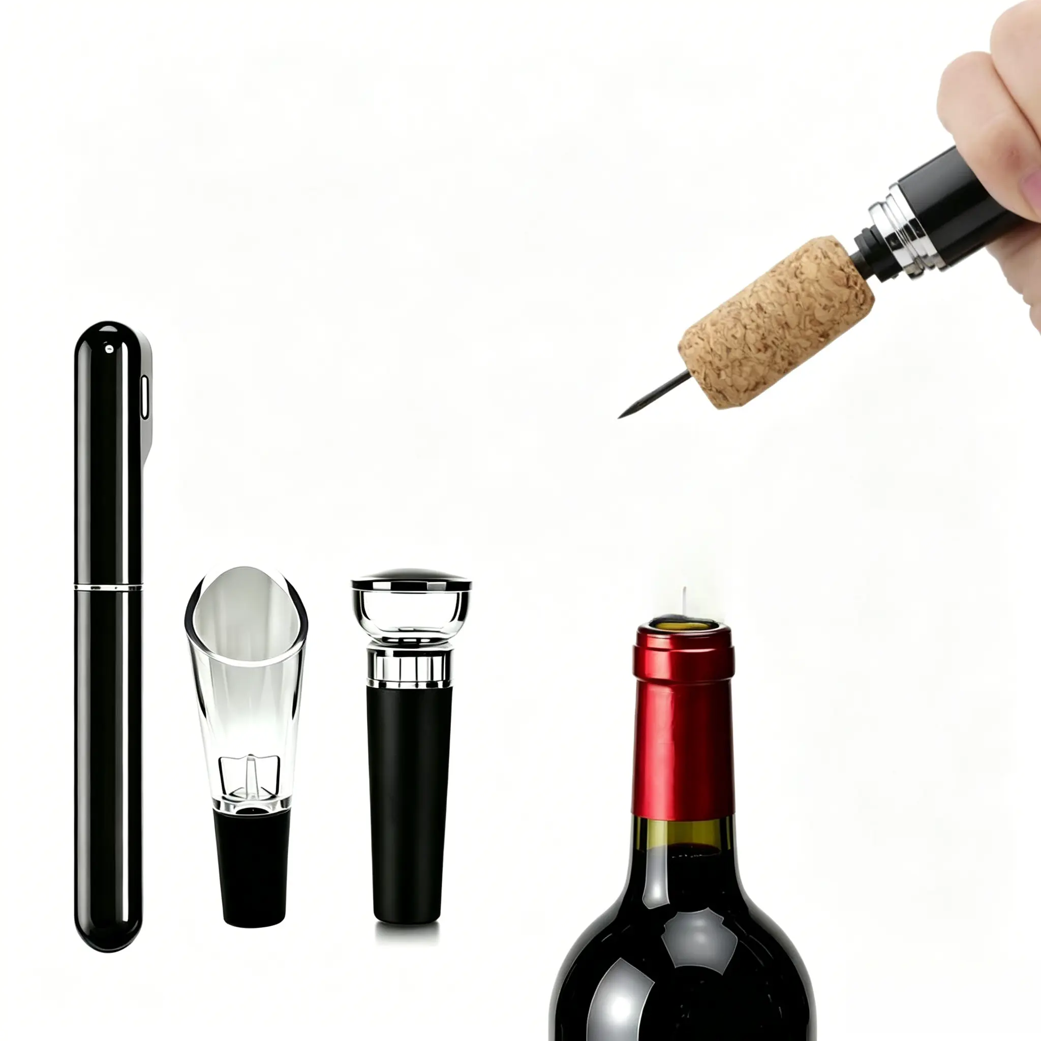 Pen-Shaped Air Pump Wine Opener Set - Includes Pourer & Wine Stopper, Safe Fast Portable Wine Opening Kit for Home & Parties