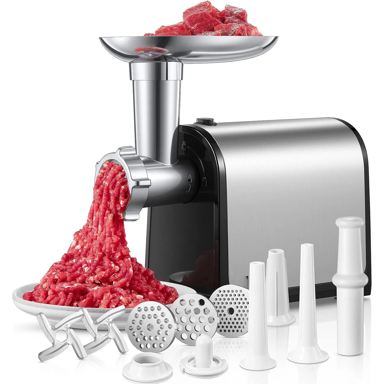 Black Corded Stainless Steel Electric Meat Mincer & Sausage Maker - Max 3200W Overload Safe Heavy Duty Metal Appliance, 3 Multi-Size Sausage Tubes, 2 Plates, Push Rod for Home Kitchen Beef Meat Processing