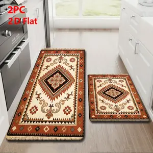 2/3 Piece Soft Flannel Kitchen Mat Set, Farmhouse Kitchen Rugs, Terracotta Southwest Aztec Geometric Design, Non-Slip, Absorbent, Home Decor