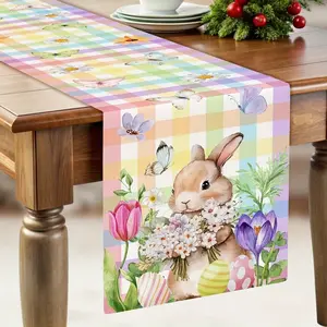 1pc Natural Linen Woven Texture Easter Rainbow Bunny & Butterfly Table Runner - Farmhouse Spring Home Decor, Rectangular Buffalo Plaid Woven Tabletop, 33x183cm/13x72in, Easy-Clean Kitchen Linen
