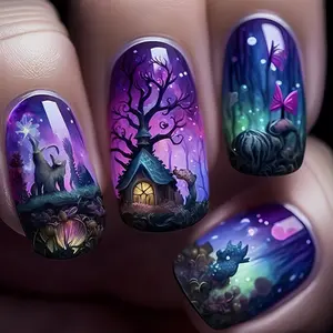 24pcs Wearable Nails, Mystical Fairy Tale DIY Nail Art, Fantasy Forest Long Square Fake Nails, European Style