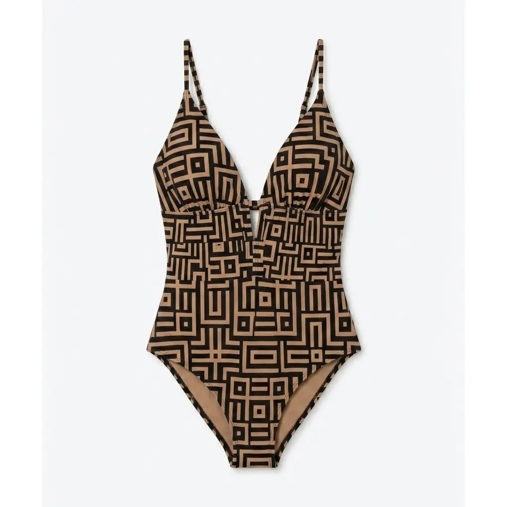 Geometric Print V-Neck One-Piece Swimsuit Chic Earth-Tone Monogram Monokini for Summer Luxury Quick-Dry Stretch Fabric Adjustable Straps