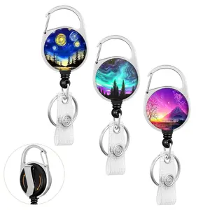 Starry Night Sky Pattern Badge Reel, 1 Count Retractable Badge Holder with Clip, ID Card Holder for Key Card Name Tag, Nurse Work Office