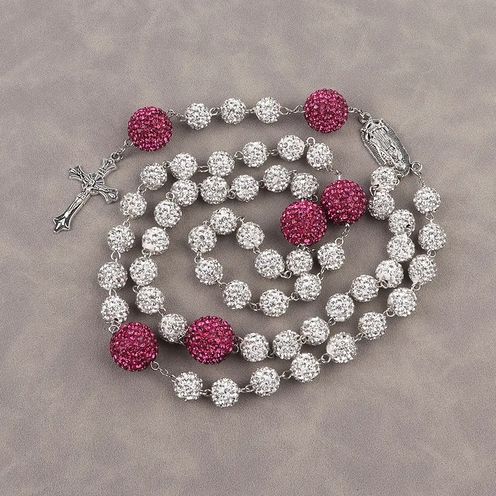 Prayer bead necklace in rose red with wh