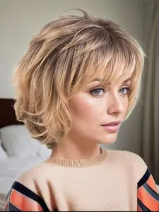 Women's 8 Inch Curly Wig, Gradient Blonde Ladies Wig, Natural Puffy Slant Bangs Wig, Suitable for Daily Wear and All Party Festivals Such As Parties, Curly Hair Wigs, Wigs with Bangs, Fluffy Wigs