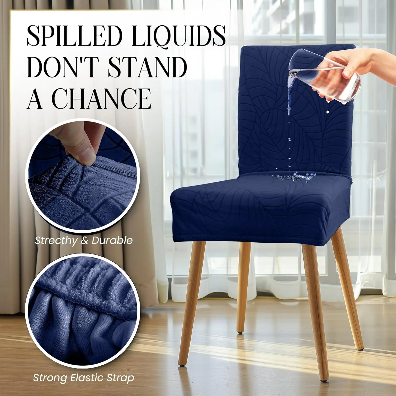 DECOLURE Waterproof Polyester Blend Chair Seat Slipcovers (Set of 4-6) - Stretch Jacquard Weave Parson Covers with Triple Layer Spill Protection, Anti-Slip, Wrinkle Resistant, Elastic Universal Fit for Most Kitchen/Dining Chairs, Removable & Washable, Par