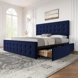 Velvet Upholstered King Size Bed Frame with Button Tufted & Adjustable Headboard, 4 Underbed Storage Drawers, Sturdy Wooden Slats, No Box Spring Needed for Modern Bedroom, Beds