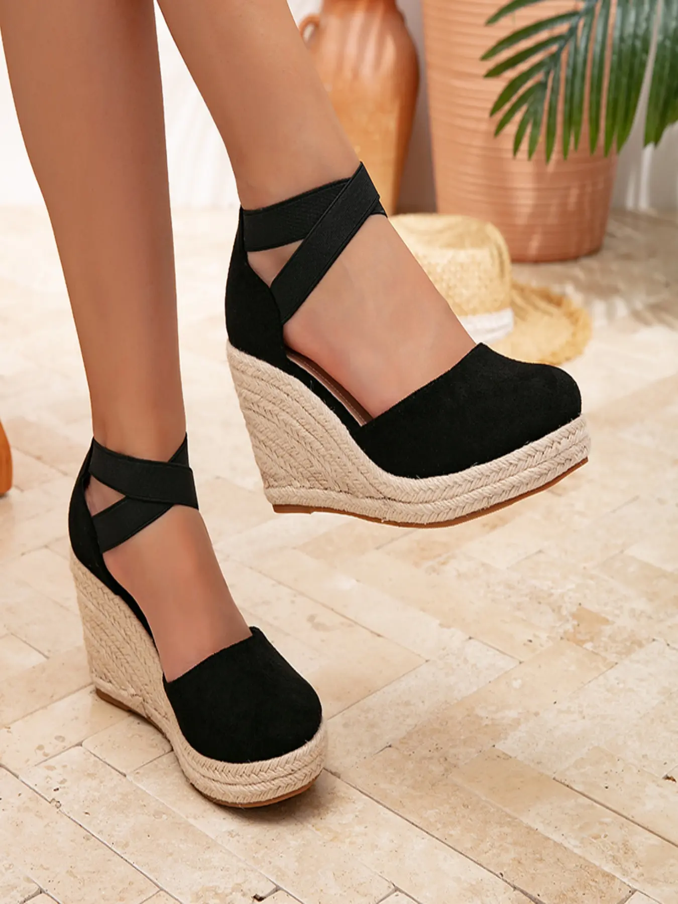 Women's Canvas Wedge Sandals, Fashion Breathable Mesh Upper, Elastic Cross Strap, Round Toe Ankle Strap Shoes, Comfortable Sole