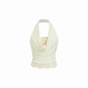 Cider High Stretch Halter Neck Lace Panel Crop Top