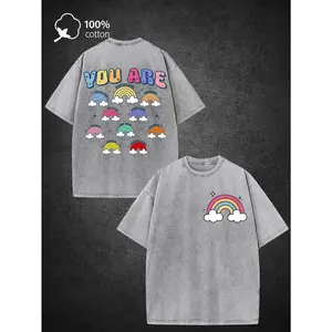 YOU ARE Heavyweight 250g Washed Cotton T-Shirt Vintage Retro Graphic Tee with Rainbow Clouds Lettering, Relaxed Fit Unisex Streetwear Top for Men Women, Soft Summer Casual Outfits Daily Wear