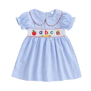 Back to School Toddler Girl Outfit Apple Pencil Book Peter Pan Collar Gingham Smocked Dress First Day of Preschool Outfit