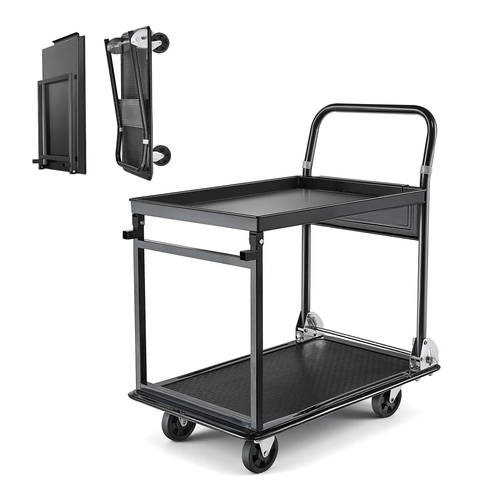 【FathersDayGift】VEVOR Foldable Push Cart Dolly, 700 lbs, Heavy Duty Platform Hand Truck with Wheels, High-Strength Steel, 2 Tier Moving Flatbed Cart, for Warehouse, Garage, Workshop, Office, 28.7 x 18.5 x 32.3 in Collapsible Folding WagonSummervibes
