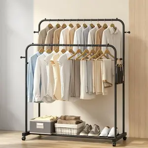 Double-Rod Movable Garment Shelf with Wheels and 4 Hooks, Multi-functional Bedroom Clothes Rack