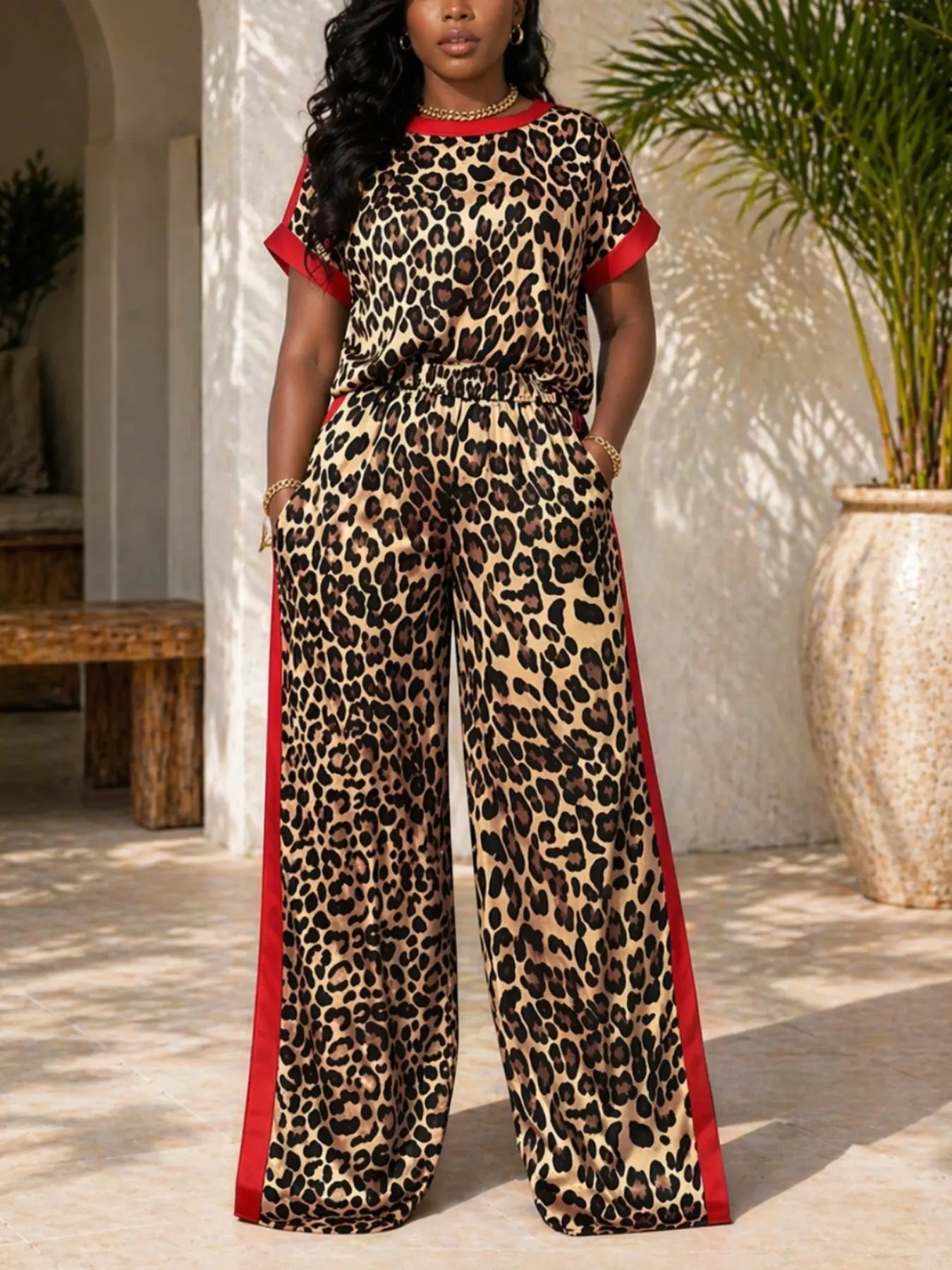 Leopard Print Set, Casual Loose-Fit T-Shirt + Split Leg Pants, Comfortable and Stylish, Perfect for Daily Wear and Leisure Activities