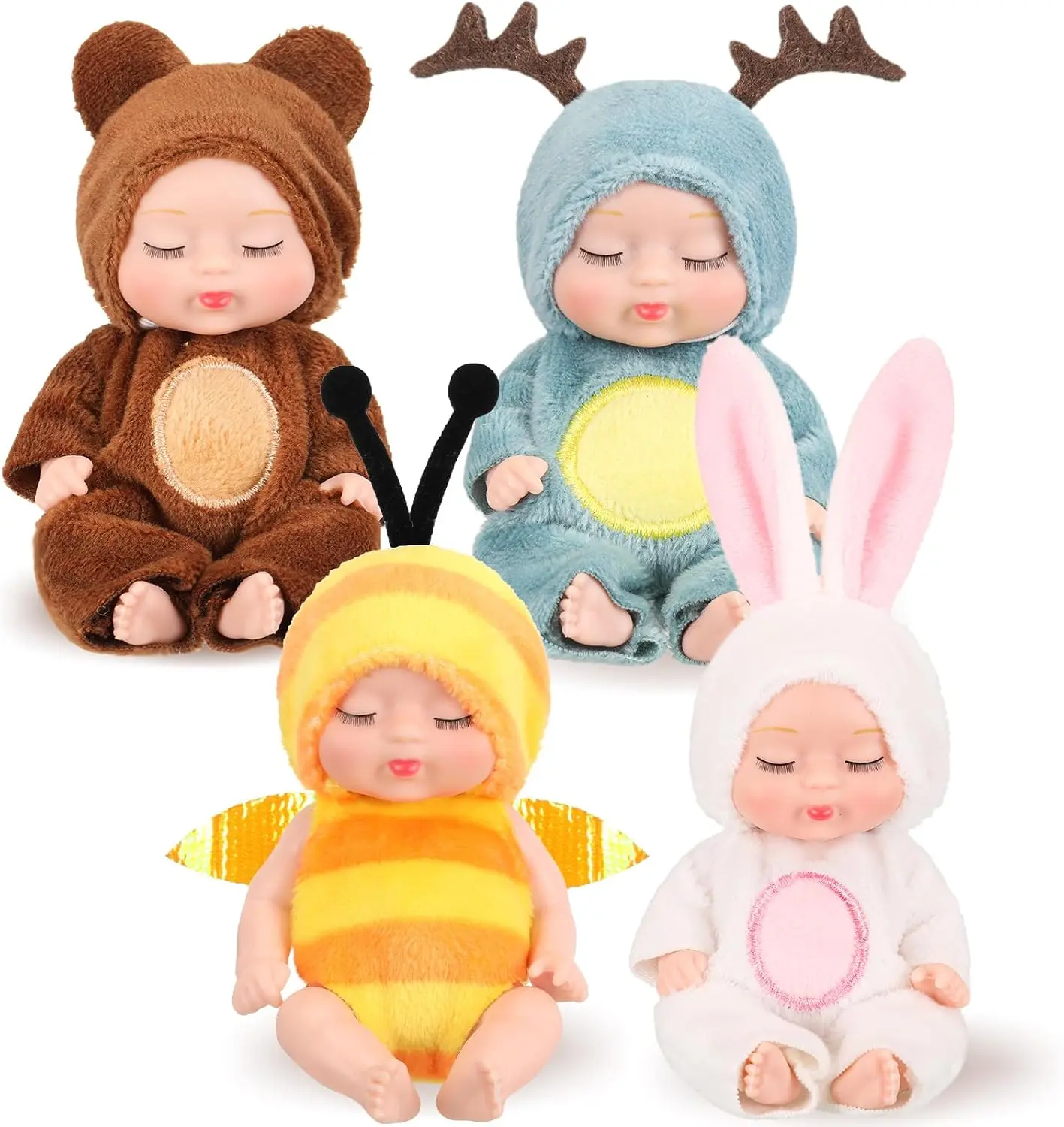 4 Pcs 4 Inch Mini Baby Dolls Lifelike Realistic Baby Dolls Animal Clothes Cute Tiny Gifts for Kids Birthday Party(Cute Style)
