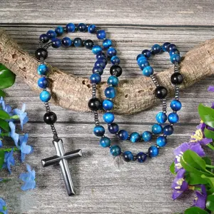 Natural Blue Tiger's Eye Hematite Necklace Prayer Hematite Cross Pendant Meditation Prayer Protection Yoga Healing Reiki Necklace