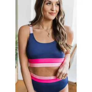 Catching Waves Bikini Swim Top- Navy & Pink