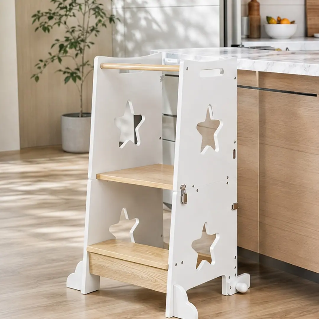 ARCH Multifunctional 3-in-1 Kids Toddler Kitchen Step Stool Helper - Foldable Wooden Learning Tower with Chalkboard, Star Cutout, Convertible Table & Chair Set, White MDF, 15.75w x17.72d x34.06h in, 23.15 lb, Assembly Required, for 0-3 Years (Nursery Use)