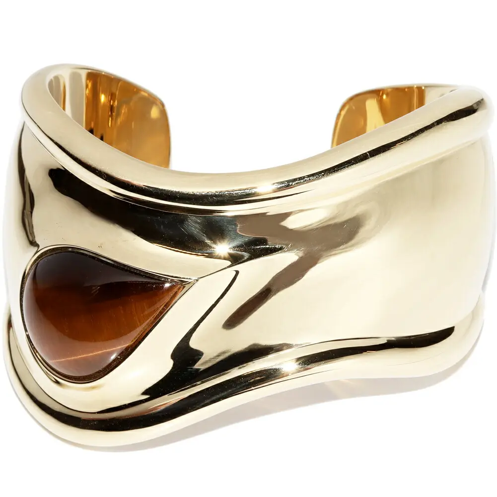 Pre-owned Tiffany & Co. 18K Yellow Gold (Au750) Small Leather Goods Bone Cuff Au750 Tiger's Eye Bracelet