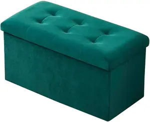 VECELO Tufted Velvet Ottoman Foot Stool, Grey/Green Rectangular Storage Stool with Hidden Storage, Quality Fabric and Legs