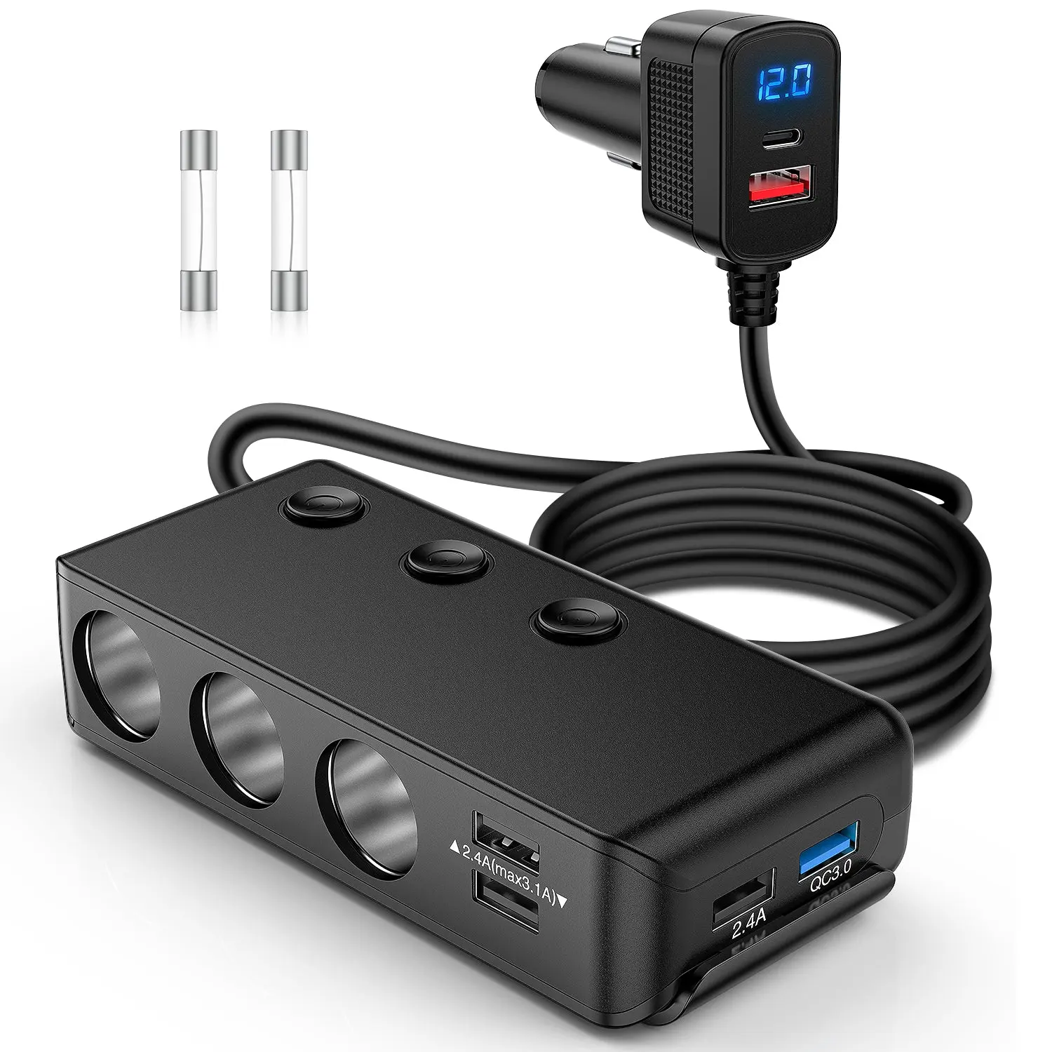 Nilight 9-in-1 Car-Mounted Charger Splitter, Cigarette Lighter Adapter with QC 3.0, PD, 3 Sockets, 4 USB Ports, Independent Switches, LED Voltage Display for 12V/24V Cars, Trucks, Car-Mounted Chargers