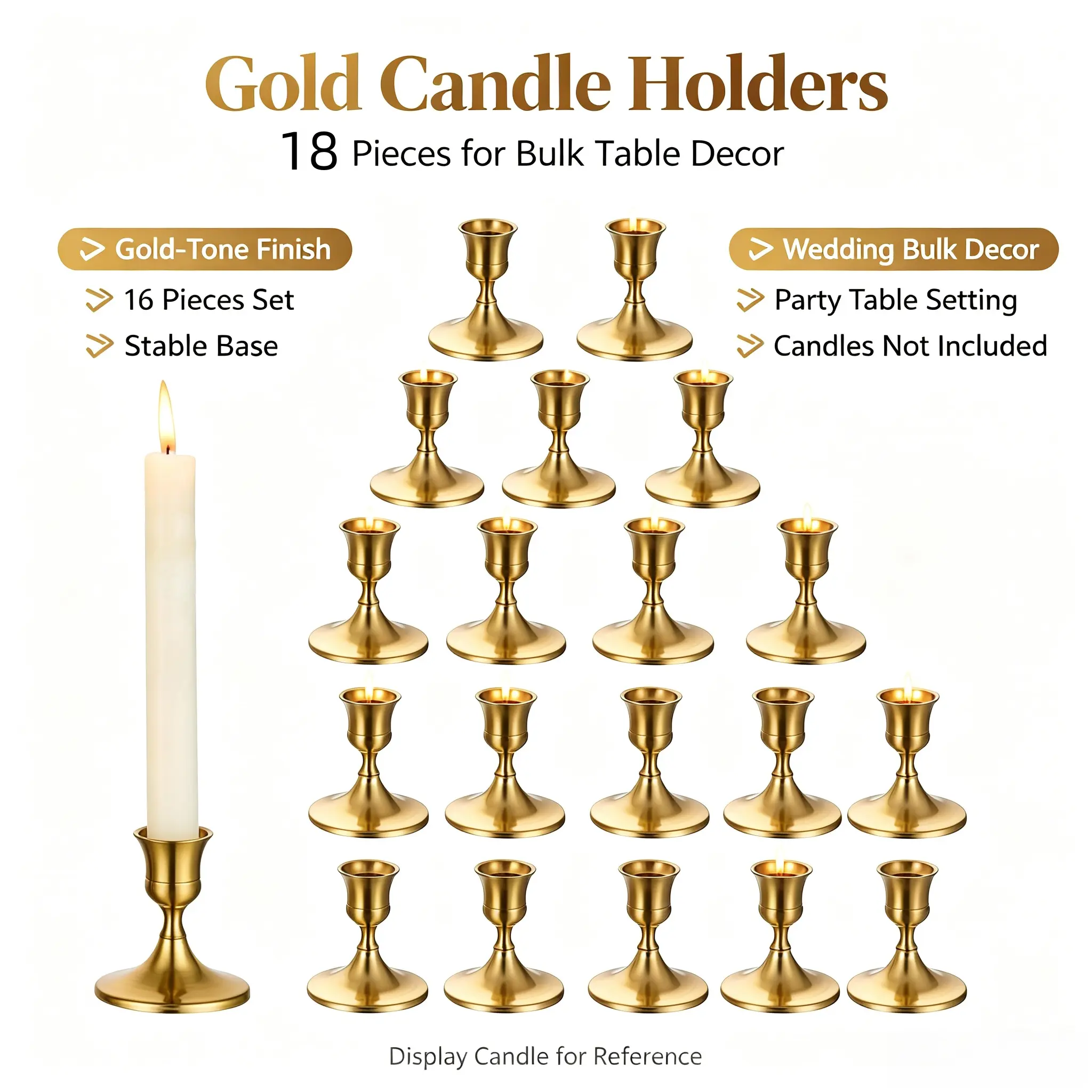 18-Piece Brushed Brass and Matte Black Metal Candle Holders for Candlesticks, Rustic Tabletop Centerpieces for Wedding, Farmhouse Decor (Candles Not Included, Comes with Box)