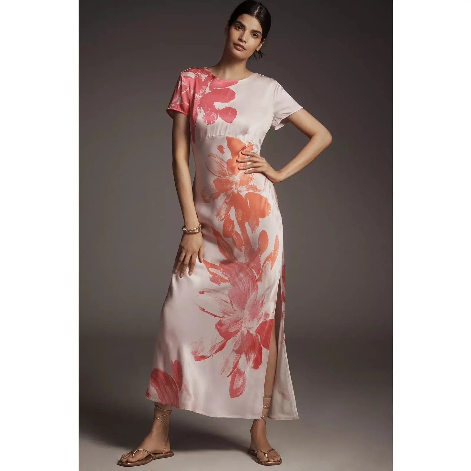 Anthropologie Short-Sleeve Maxi Slip Dress $168 Medium Pink Floral Boho
