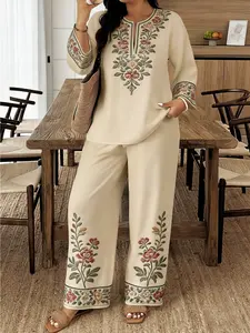 Women's Standard Size Long-sleeve and Long-pants 2pcs Set, a Suit, New Spring and Summer Style with a V-neck Buttoned Three-quarter Sleeve Shirt and Printed Elastic Waist Long Pants 2pcs Set. It Features Digital Printing, Can Be Machine Was