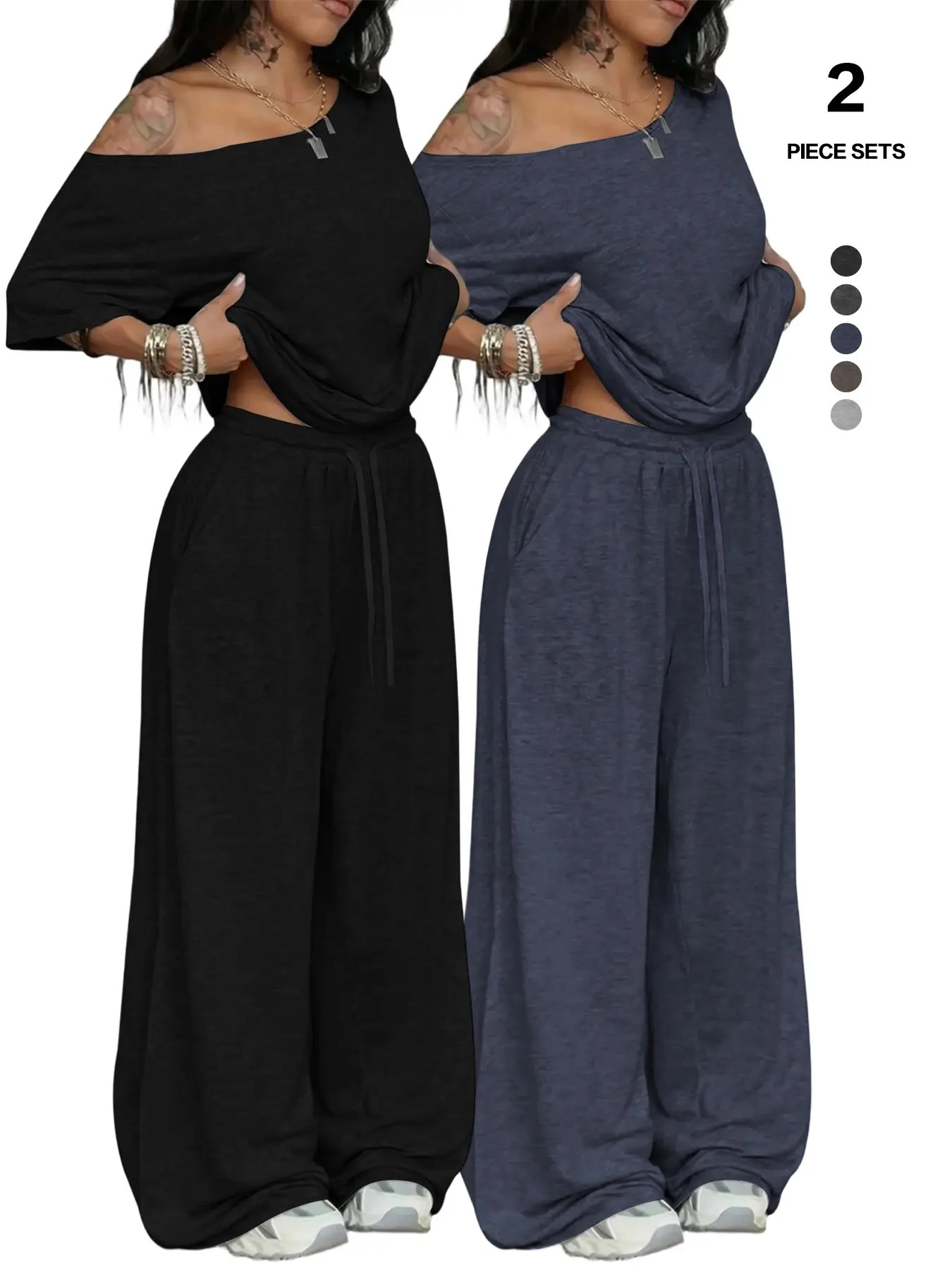 Women's 2-Piece Casual Lounge Set, Off-Shoulder Short Sleeve Oversized Top & Wide-Leg Pants, Soft Comfortable Fabric Drawstring Loungewear Pyjamas Pajama Pjs Nightwear Homewear for All Seasons
