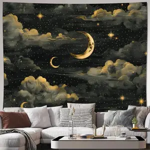 Bohemian Moon & Stars Velvet Tapestry - Soft Polyester Fabric, High-Quality Wall Hanging With Crescent Moon & Twinkling Stars Design, Perfect For Living Room, Bedroom, Or Office Decor, Multi-Size Options, Bedroom Wall Art |   Artistic Wall