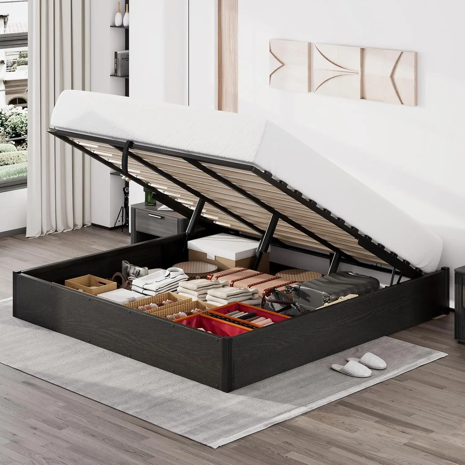 [SummerWins] [SummerFinds] ALBOTT Lift Up Storage Bed, Bed Frame with Storage Underneath, Wooden Platform Bed Frame, Solid Wood Slats Support, No Fixed Headboard Furniture Home