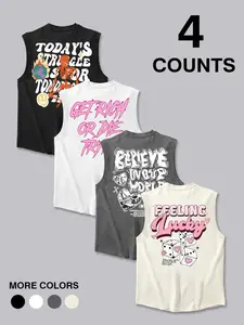 Men's 4pcs Y2K Graphic Print Sleeveless Tank Tops Set, Streetwear Vintage Skeleton Lucky Dice Tank Top Bundle, Summer Casual Breathable Printed Sleeveless Tops, For Daily Wear, Festival, Gym, Men's Retro Streetwear #springsaledeals2026 #summeroutfits #tik