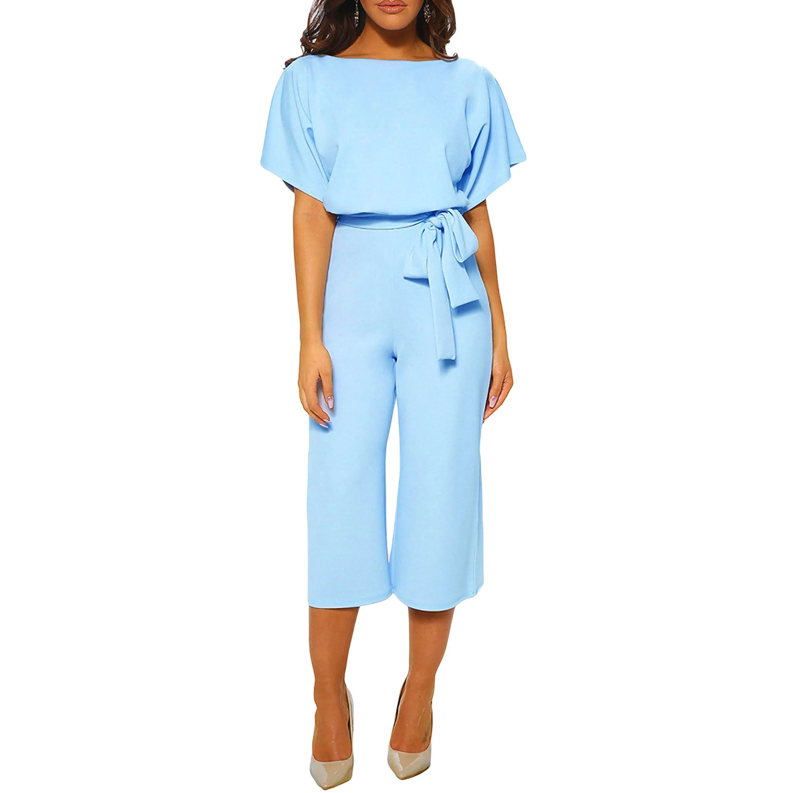 CHARTOU women's summer and autumn short sleeved jumpsuit with bow tie at the waist and wide leg seven quarter jumpsuit Casual Batwing