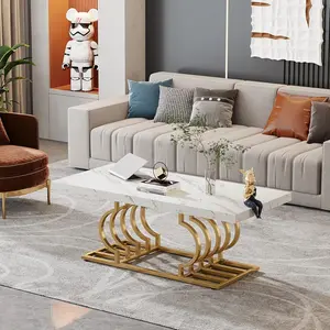LITTLE TREE Modern Coffee Table, 47 Inch Faux Marble Cocktail Table with Geometric Frame, Rectangular Center Table Tea Table Accent Furniture for Living Room, Simple Assembly