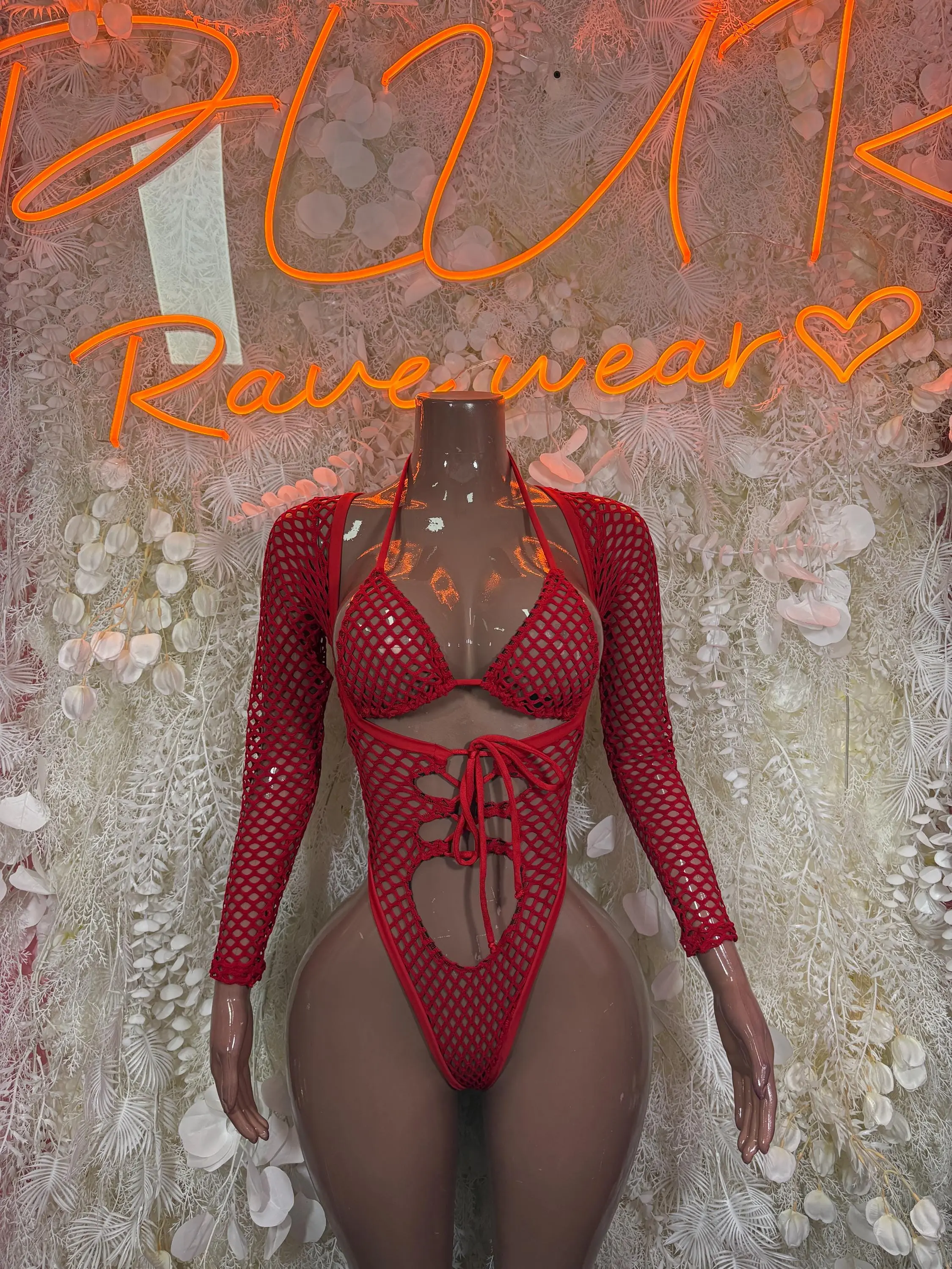 Bottlegirl Red Fishnet Bodysuit - Bottle Service Outfit,Bartender Rave Festival Clubwear One Piece Dancewear