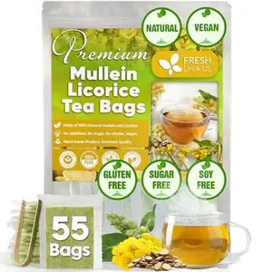 FreshDrinkUS, Premium 55 Mullein Licorice Tea Bags, 100% Natural, Blend of Mullein Leaves, and Licorice Root. Made with Natural Material Tea Bags. No Sugar, Vegan.