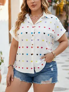 Plus Size Women's Heart Print Button Shirt, Cute Short Sleeve Casual Top for Curvy Ladies, Fitted All over Print Blouse