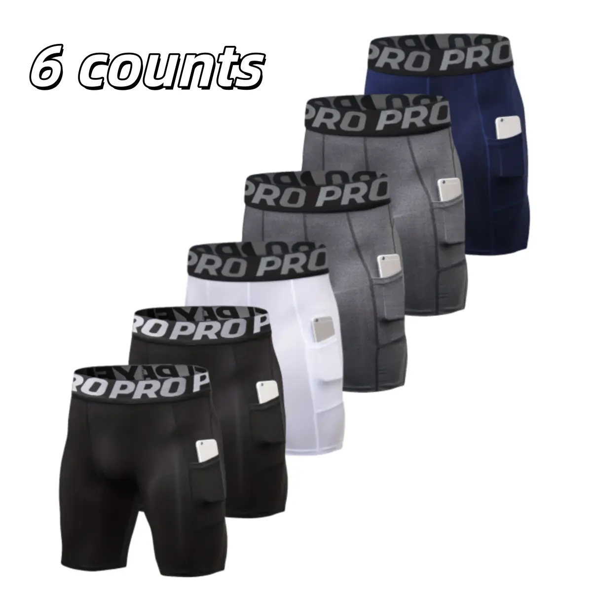 6 Pack Mens Gym Shorts with Pockets Workout Compression Leggings for Men Polyester Boxer Briefs Running Basketball Athletic Tights