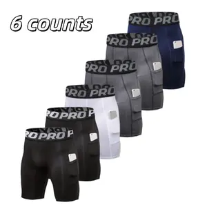 6 Pack Mens Gym Shorts with Pockets Workout Compression Leggings for Men Polyester Boxer Briefs Running Basketball Athletic Tights