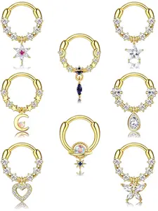8Pcs Septum Rings Dangle Teardrop Septum Jewelry with Blue Planet Clear CZ Surgical Steel Star Daith Earrings Moon Cartilage Tragus Helix Earrings Nose Rings Piercing for Women Men